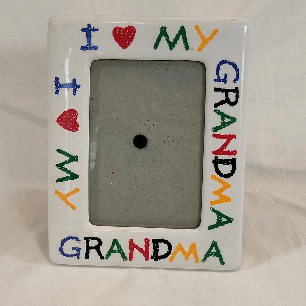 Vintage 90s I Love My Grandma Picture Frame White Ceramic Primary Colors Crayon